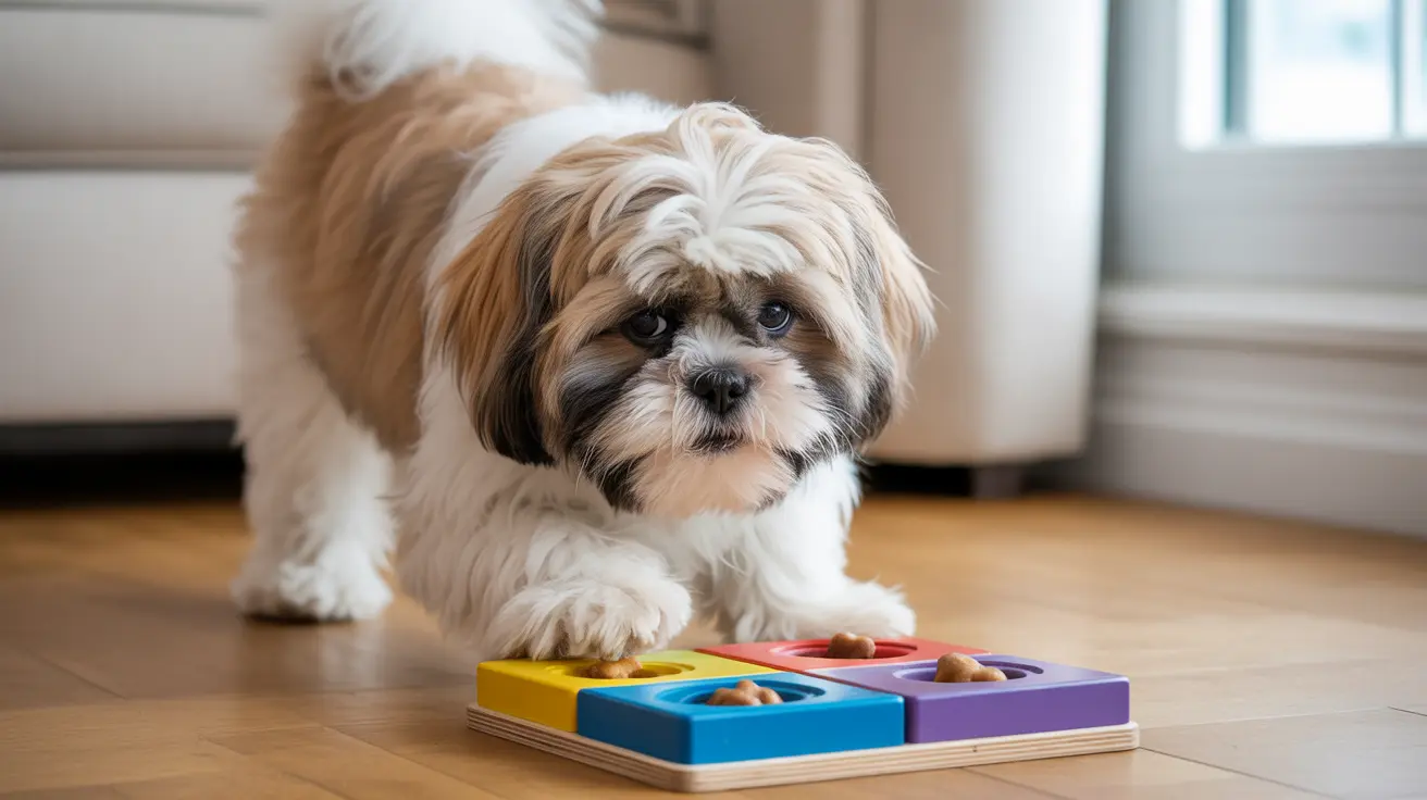 A small Shih Tzu puppy playing with a colorful puzzle toy on a wooden floor