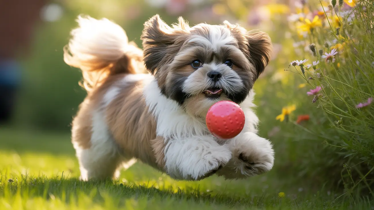 A playful Shih Tzu puppy running with a red ball in a sunlit garden