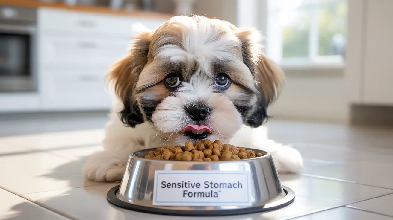 A young Shih Tzu puppy sitting in front of a bowl of specialized dog food with a 'Sensitive Stomach Formula' label.