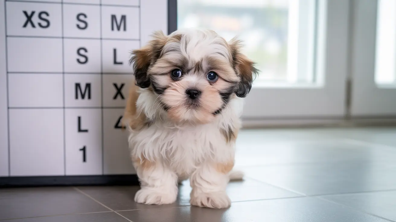 かわいらしいシー・ズーの子犬がサイズ表の近くでタイルの床の上に立っている様子