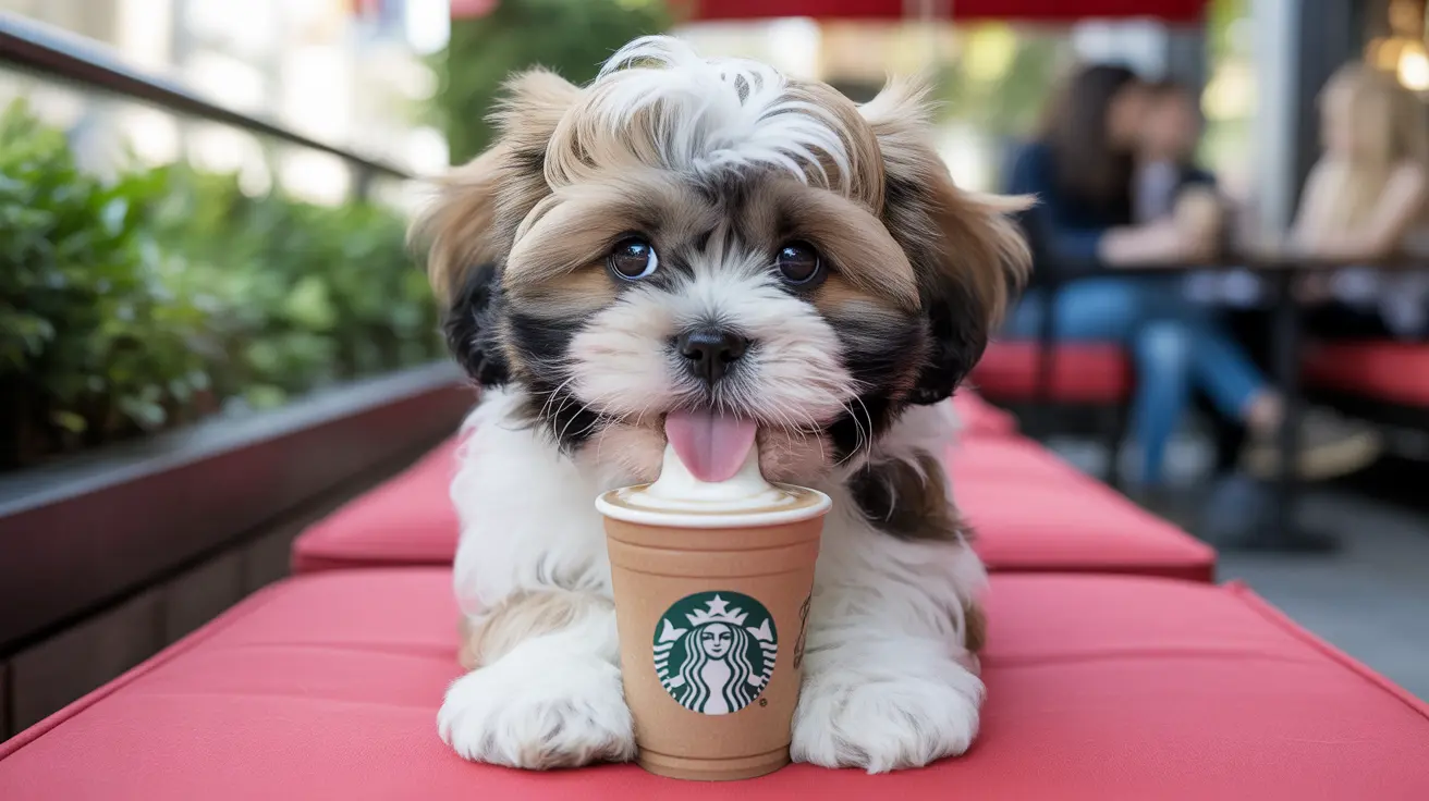 A Shih Tzu puppy sitting in front of a Starbucks coffee cup, tongue out