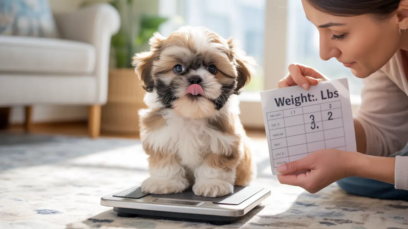 A small Shih Tzu puppy sitting on a digital scale while someone checks its weight