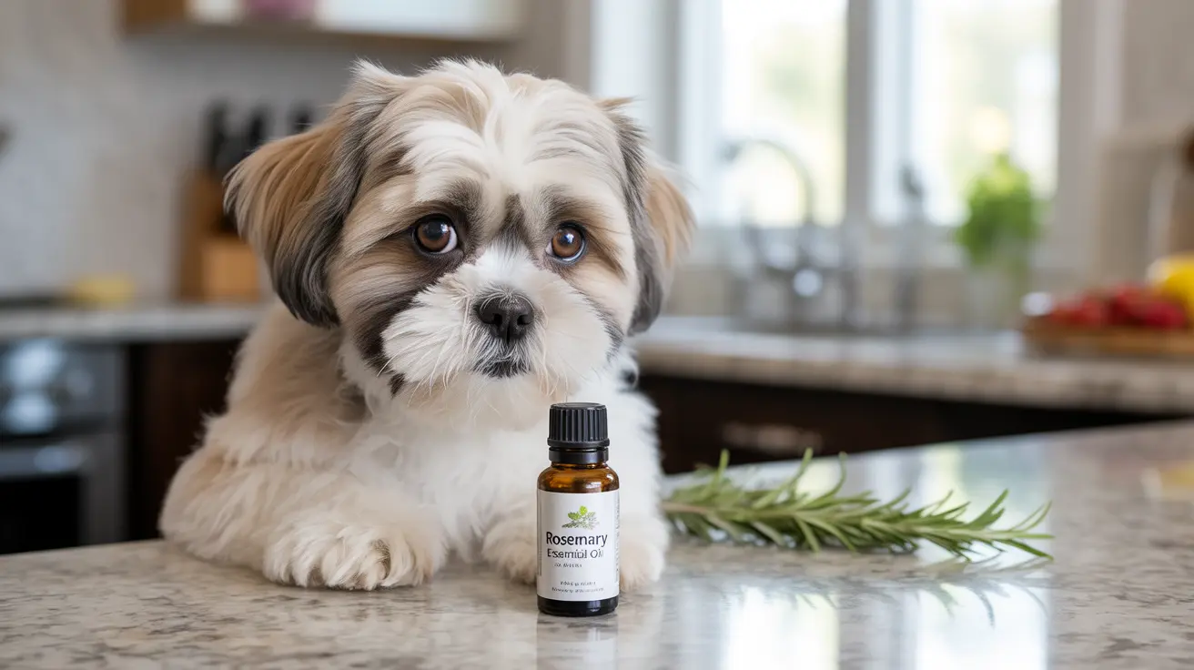 A fluffy Shih Tzu on a kitchen counter next to rosemary essential oil and fresh rosemary sprig