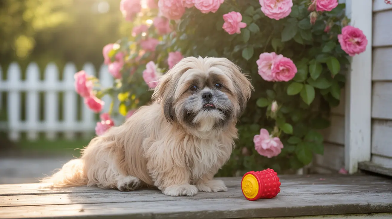 A fluffy Shih Tzu sitting on a wooden deck with a colorful dog toy nearby, surrounded by pink roses and a white picket fence