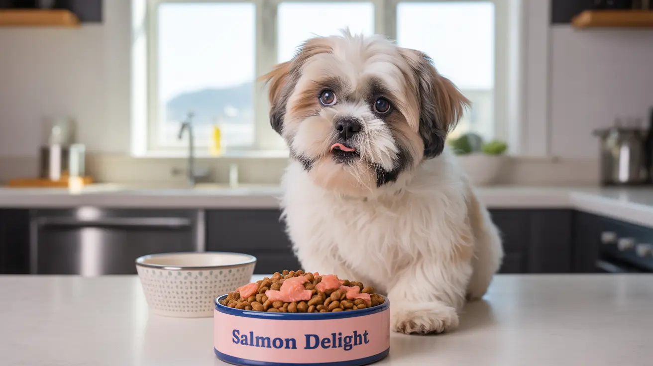 A fluffy Shih Tzu next to a bowl of salmon-flavored dog food in a modern kitchen