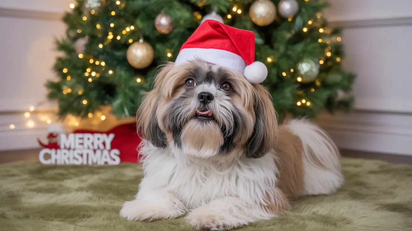Festive Shih Tzu wearing a red Santa hat sitting in front of a decorated Christmas tree