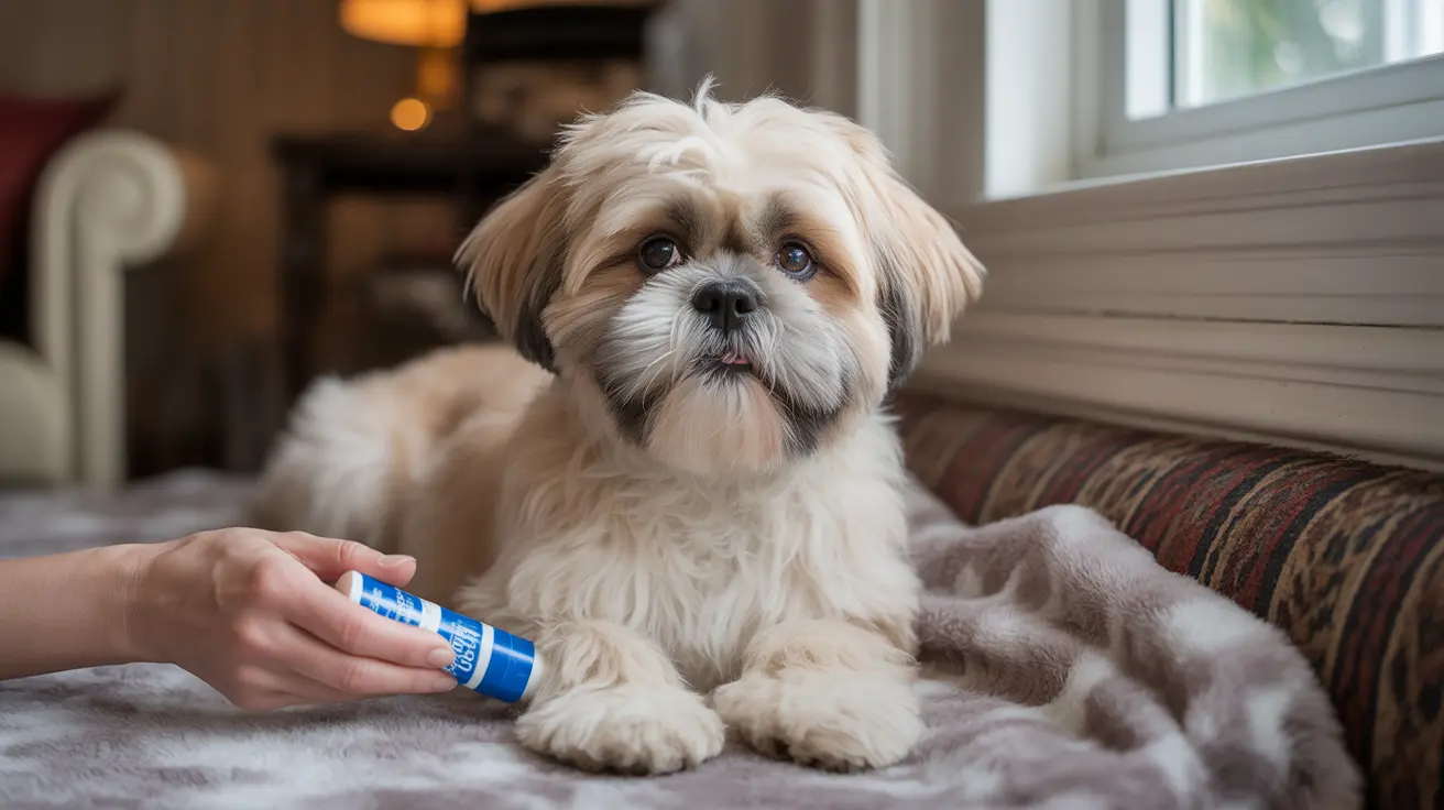 A fluffy Shih Tzu sitting on a soft blanket near a window with a blue and white tube nearby