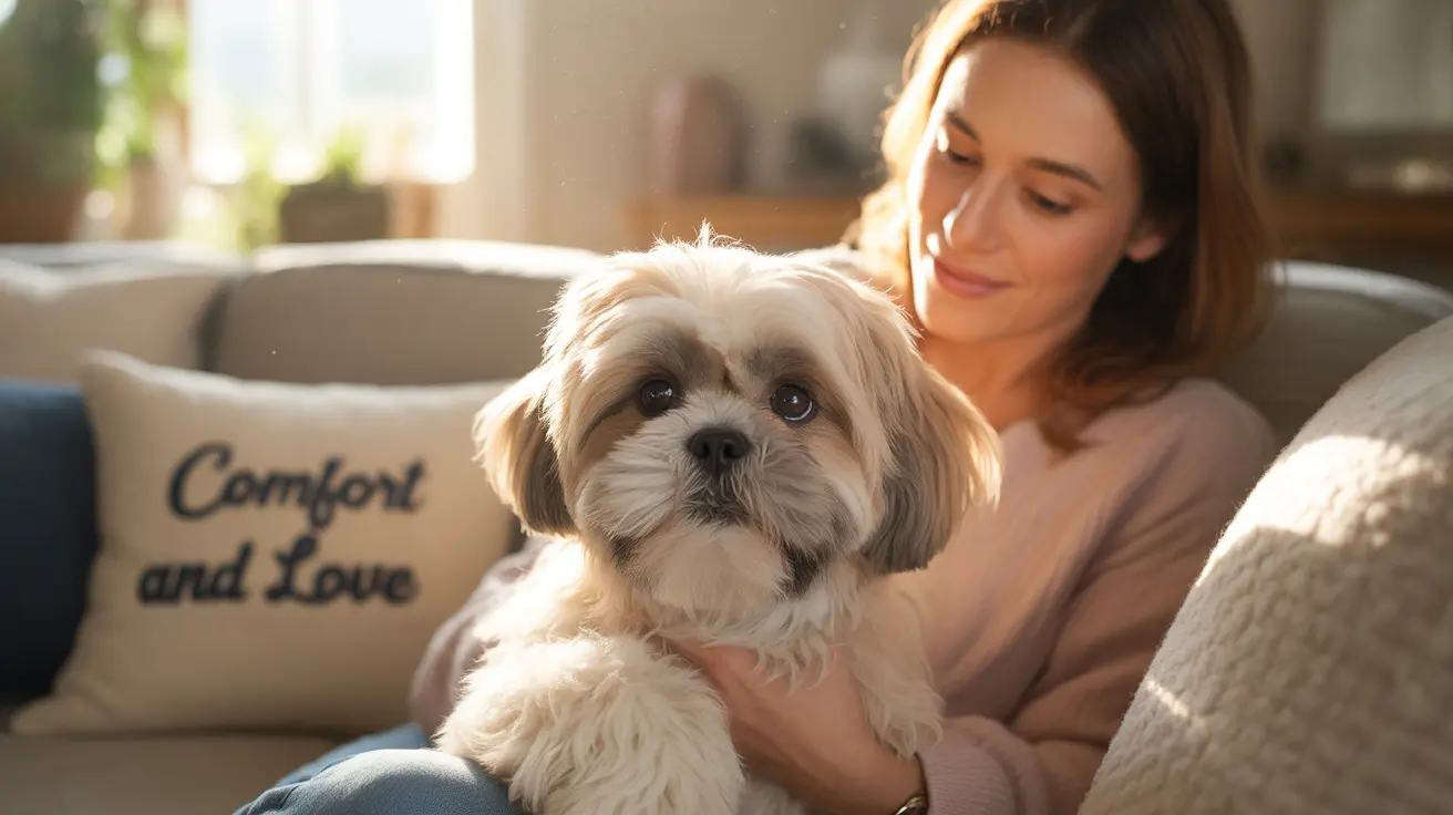 A soft-coated Shih Tzu sitting calmly with a person on a cozy living room couch