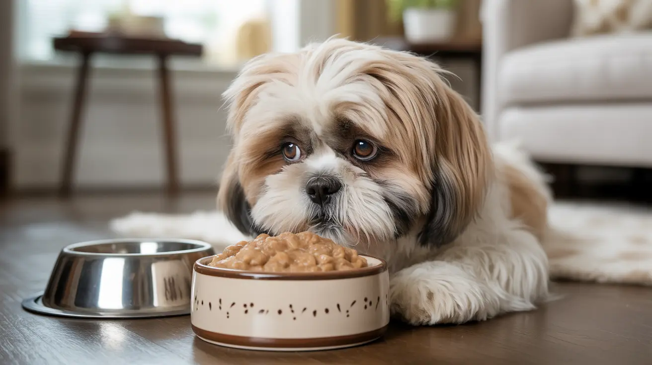 A Shih Tzu dog sitting next to a bowl of wet food, looking attentive and slightly hesitant