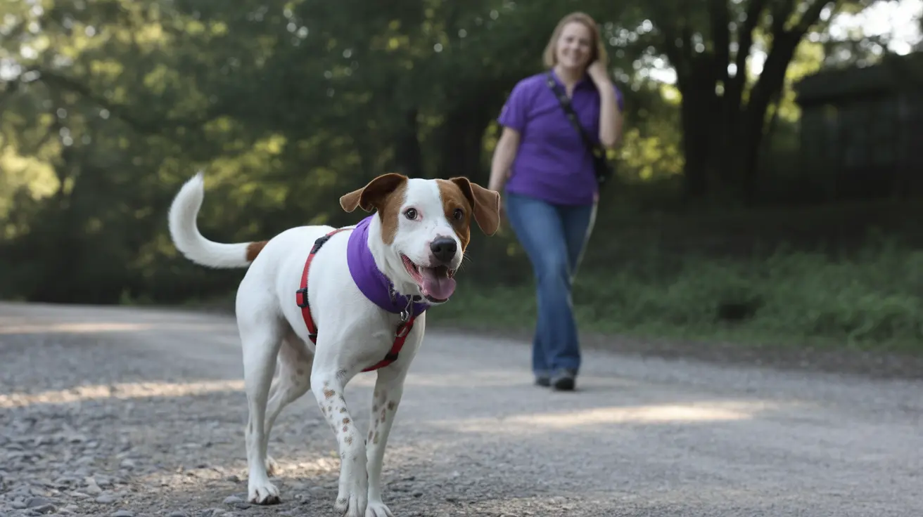 Foster caregiver walking two shy dogs along a park trail