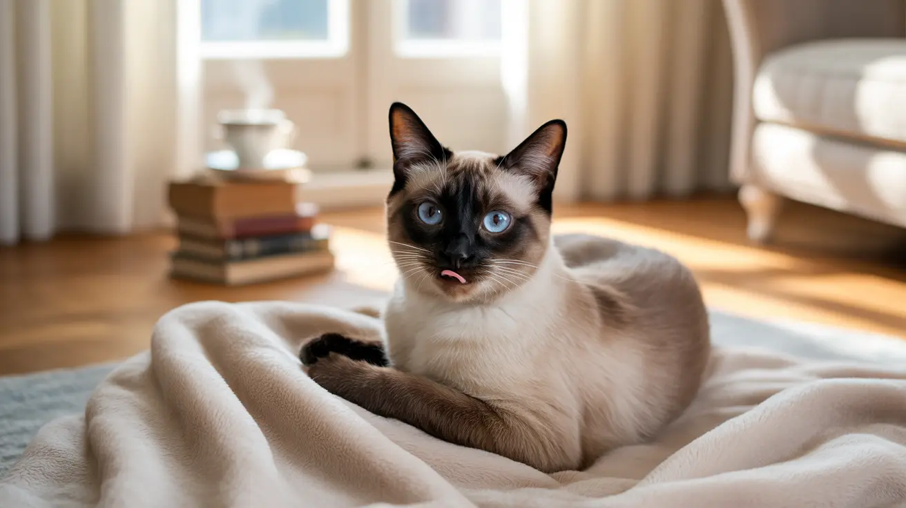 A Siamese cat with striking blue eyes sitting on a soft beige blanket, looking playful with its tongue slightly out