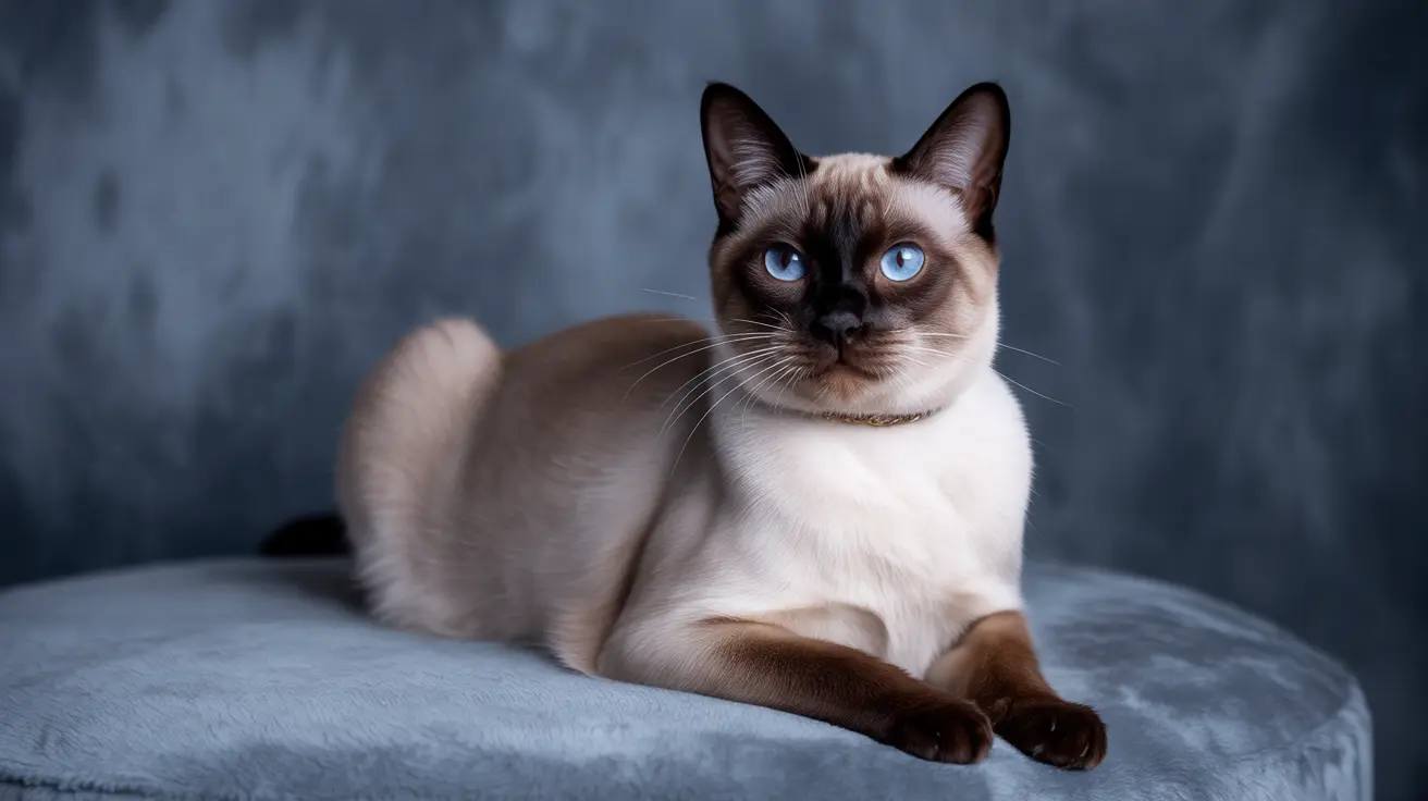 A stunning Siamese cat with piercing blue eyes sitting elegantly on a soft blue surface