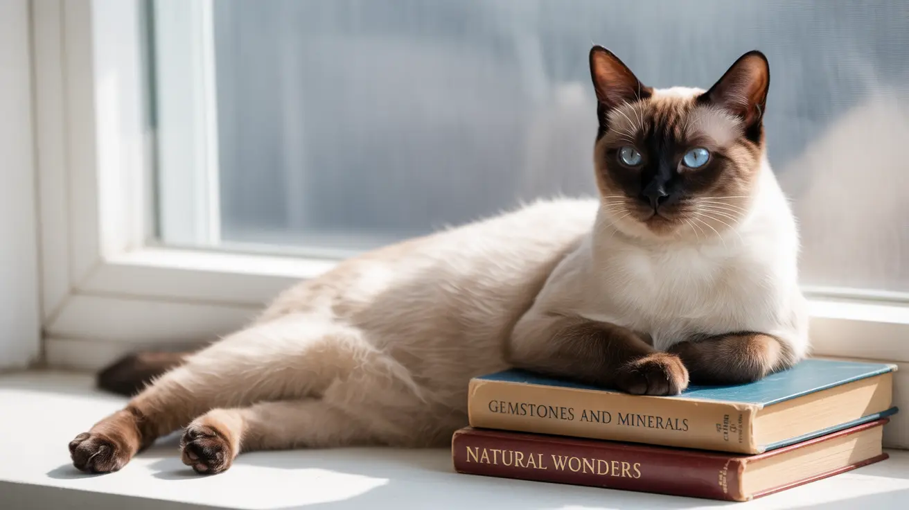 A Siamese cat lounging elegantly on a windowsill near some books
