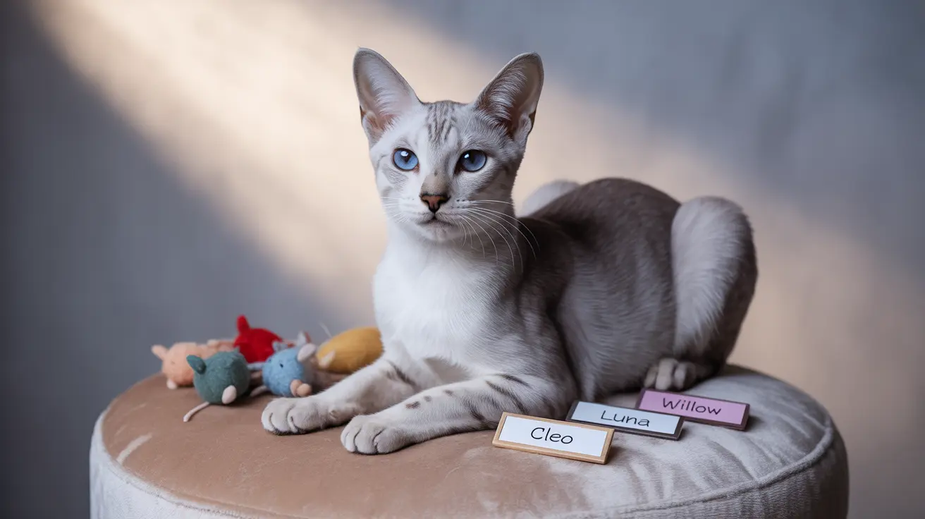 A striking white and gray Siamese cat with piercing blue eyes sitting on a soft cushion near small toy mice