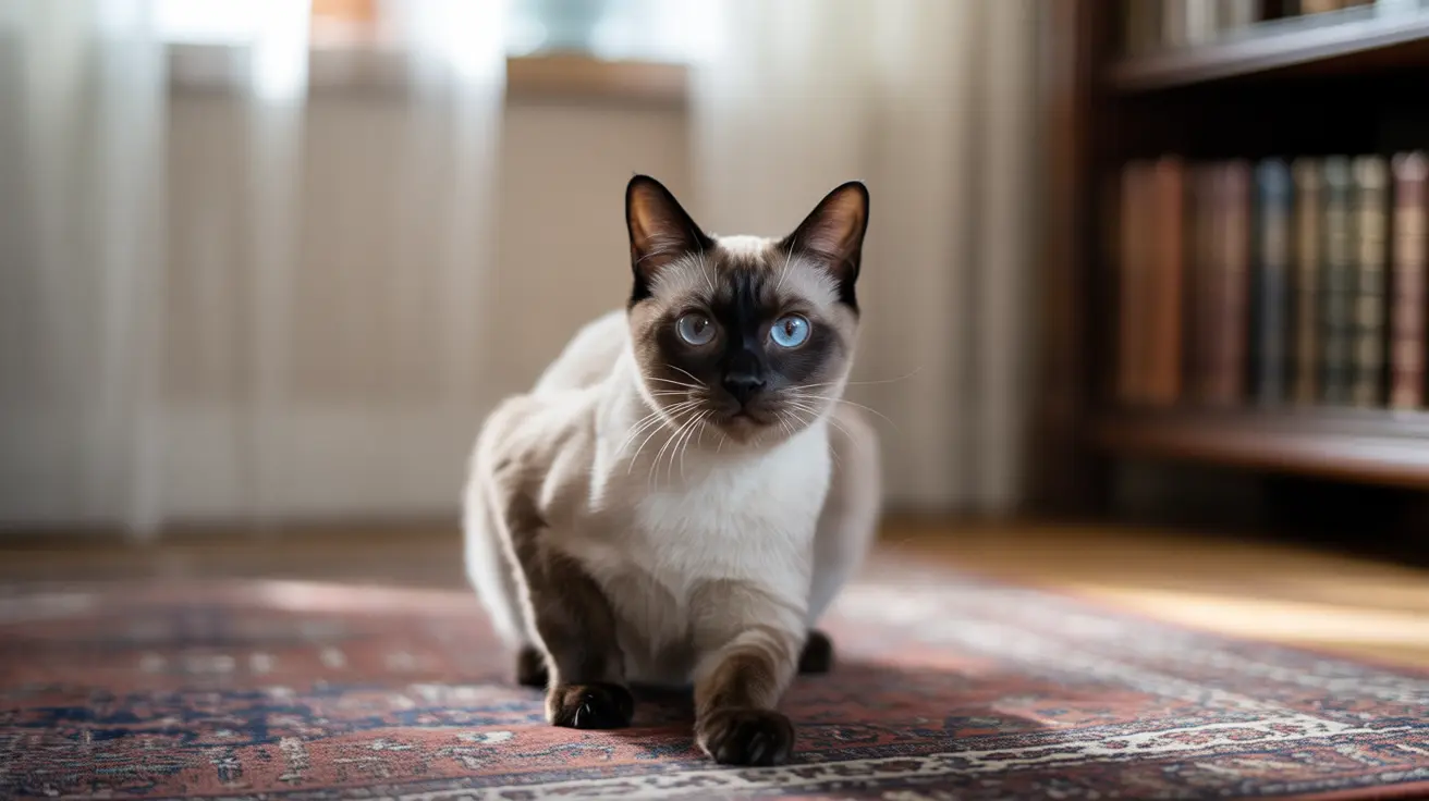 A Siamese cat with striking blue eyes sits alertly on a patterned rug in an indoor setting