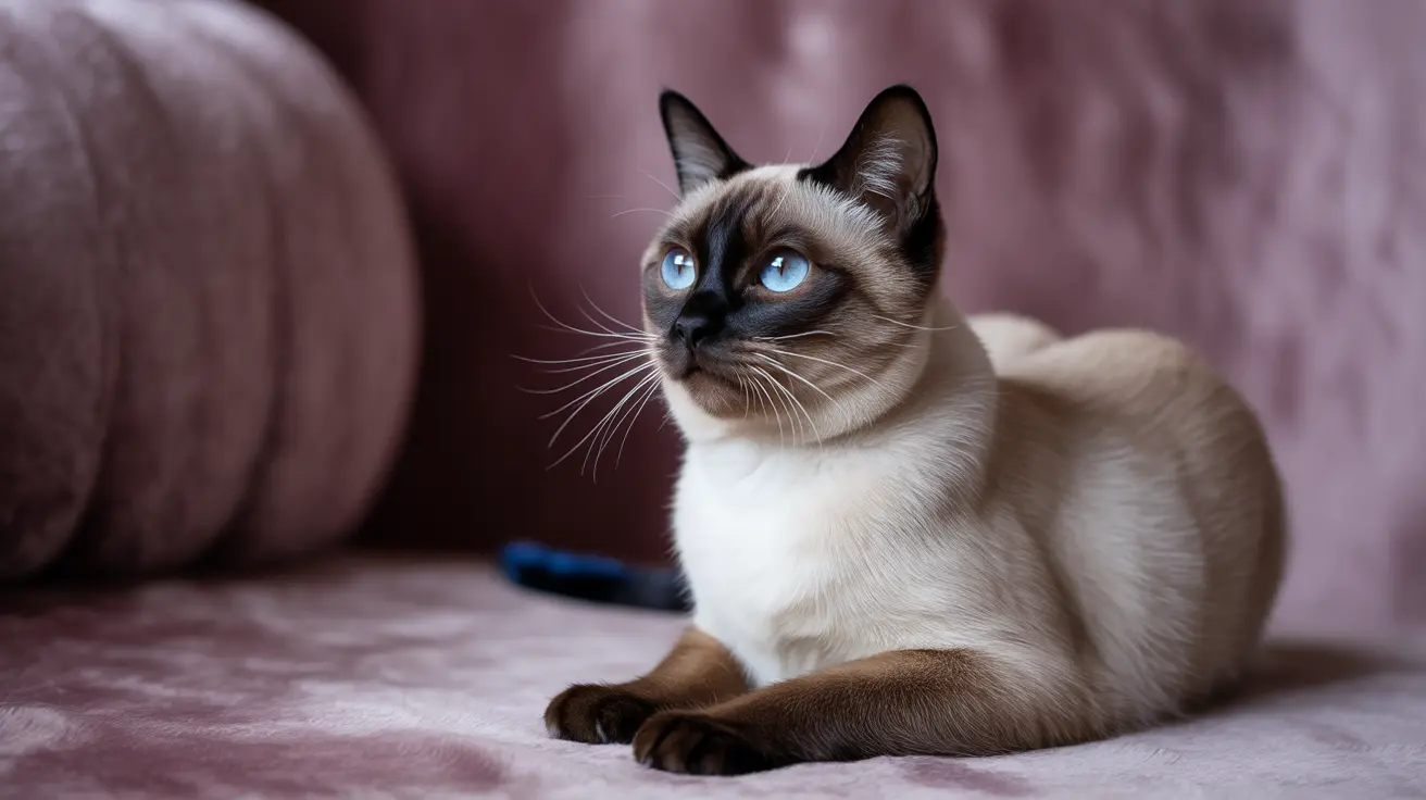 A stunning Siamese cat with piercing blue eyes sitting on a pink velvet surface