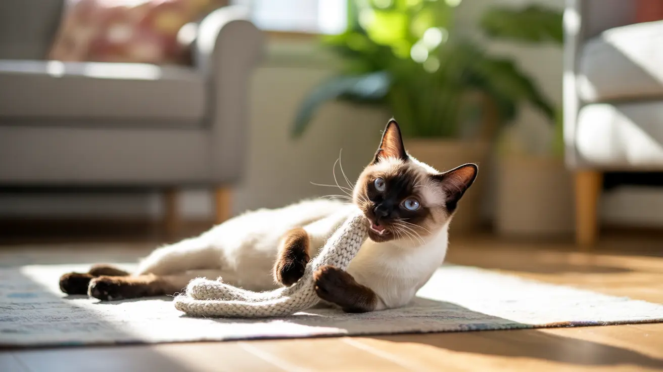 Siamese cat with blue eyes playing with a knitted rope toy on a rug in a bright living room