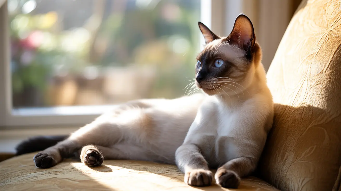 青い目のシャム猫が暖かな日差しが差し込む窓際のベージュのソファでくつろいでいる様子