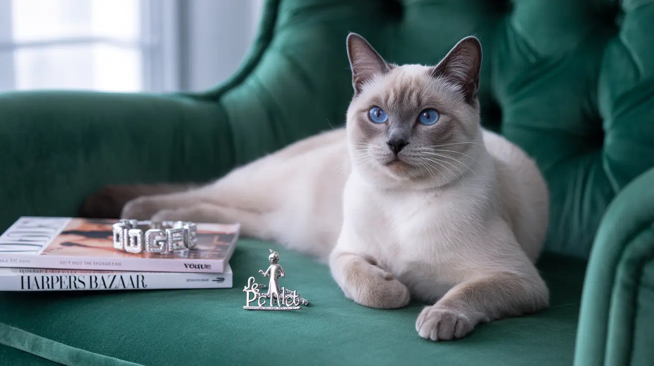 Un hermoso gato siamés con llamativos ojos azules descansando en una silla de terciopelo verde oscuro