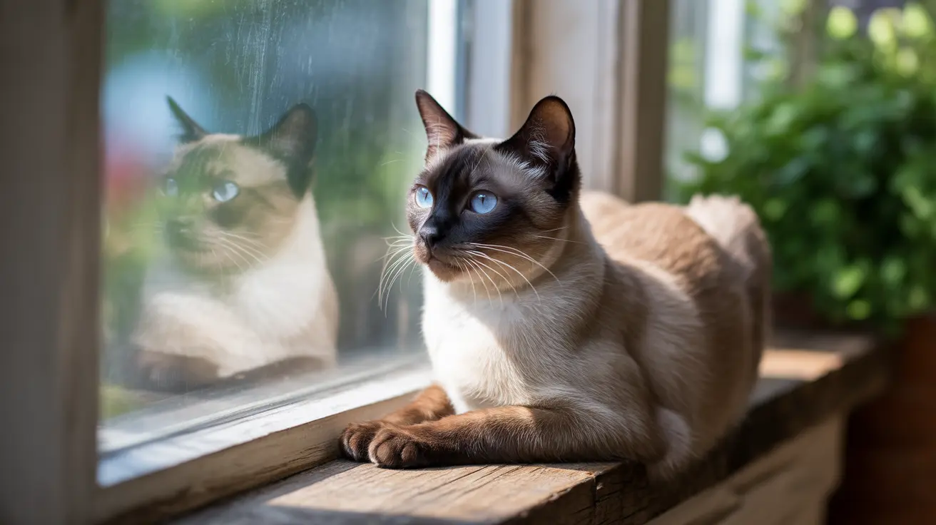 シャム猫が木製の窓辺に座っており、窓ガラスにはそのシャム猫の姿が美しく映っています。