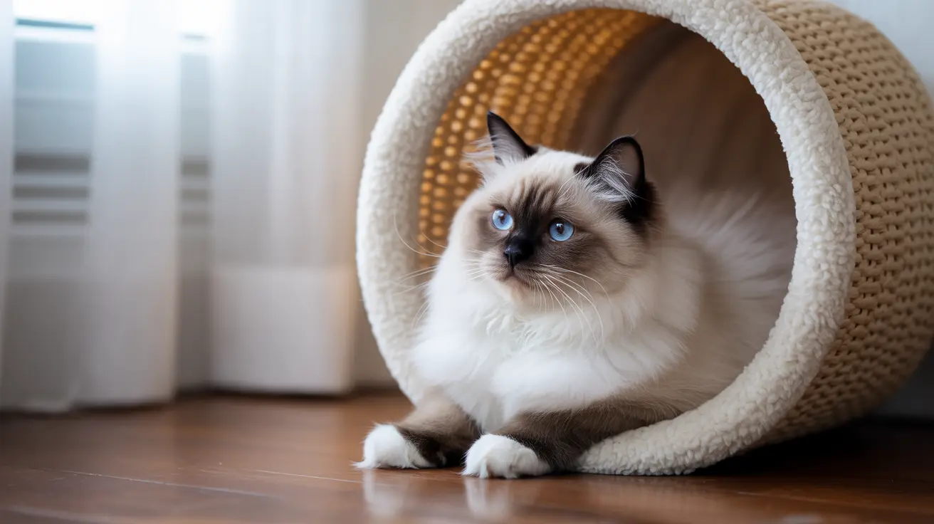 A Siamese cat with blue eyes resting inside a white woven cat bed on a wooden floor
