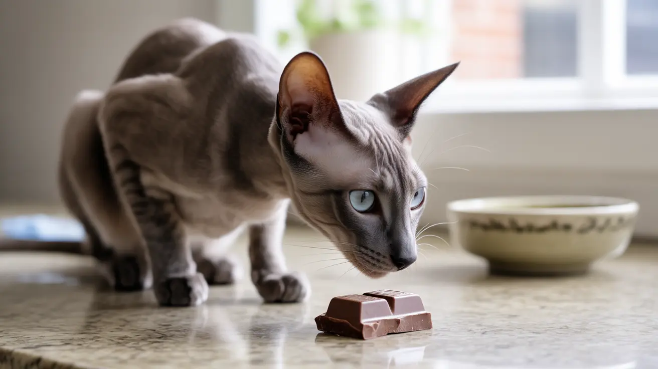 Siamese cat staring at a piece of chocolate on a table