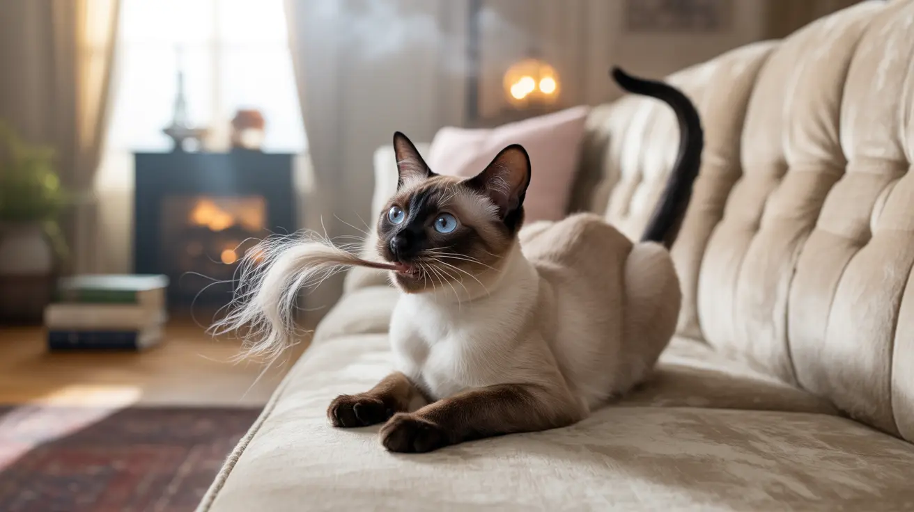 Un gato siamés descansando elegantemente en un suave sofá de color crema con una chimenea en el fondo.