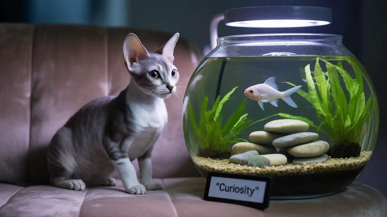 A curious Siamese cat sitting next to a round fish tank with a white fish and green aquatic plants