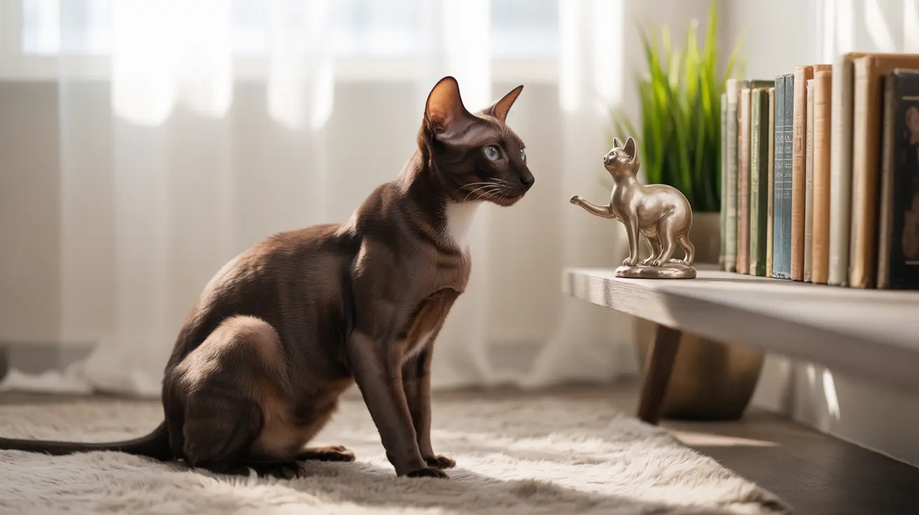 A sleek Siamese cat sitting attentively on a fuzzy rug near a bookshelf with a metal cat statue nearby