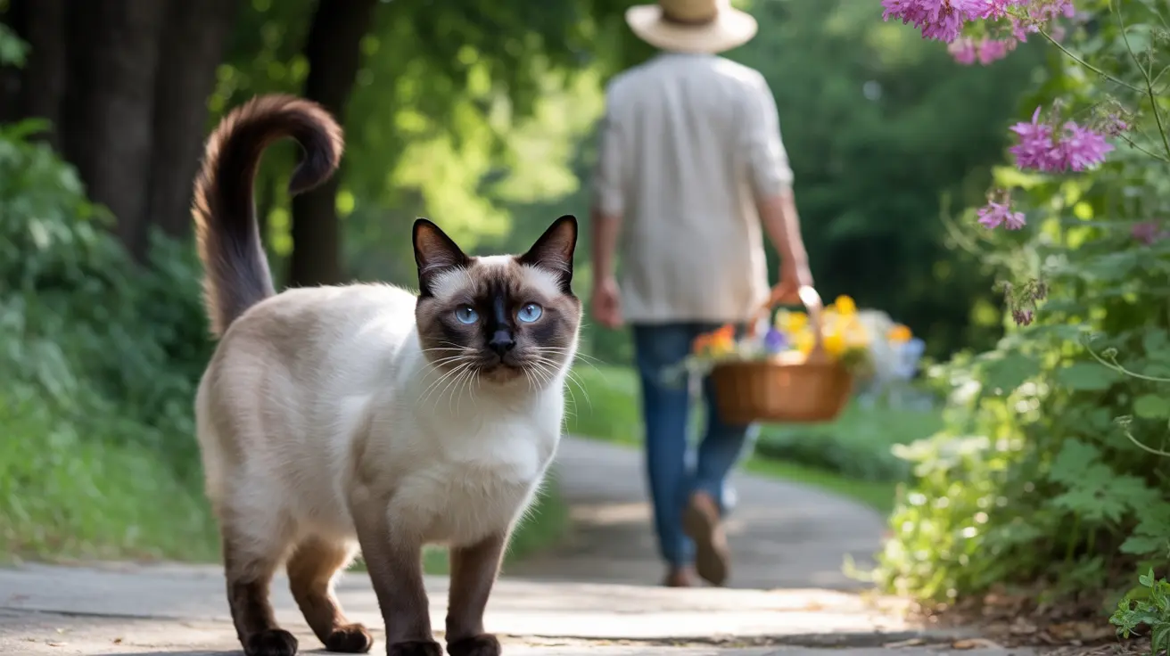 A Siamese cat standing on a garden path with a person walking in the background carrying a flower basket