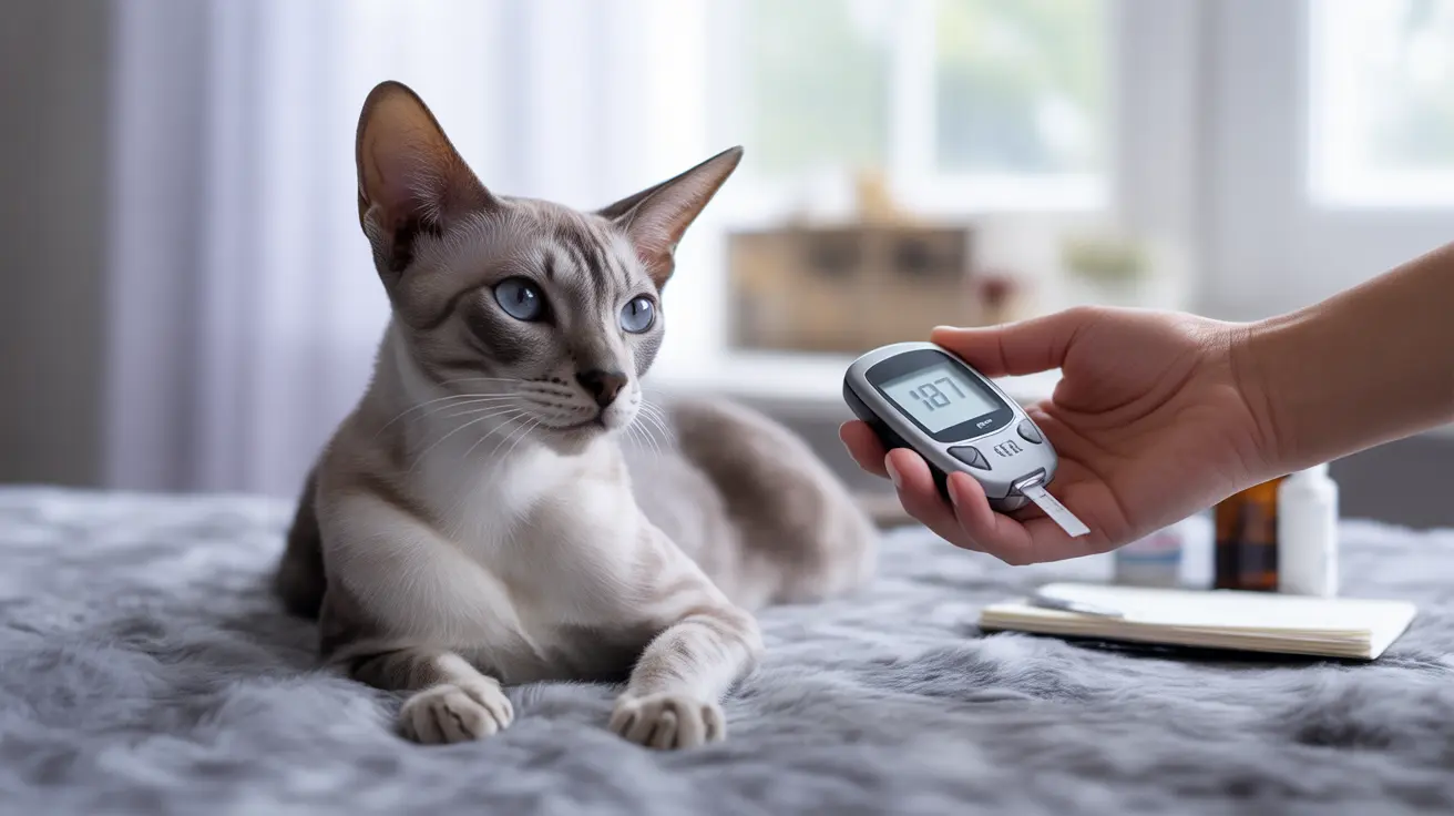 Un gato siamés está sentado sobre una manta gris mientras una mano sostiene un medidor de glucosa cerca de él.