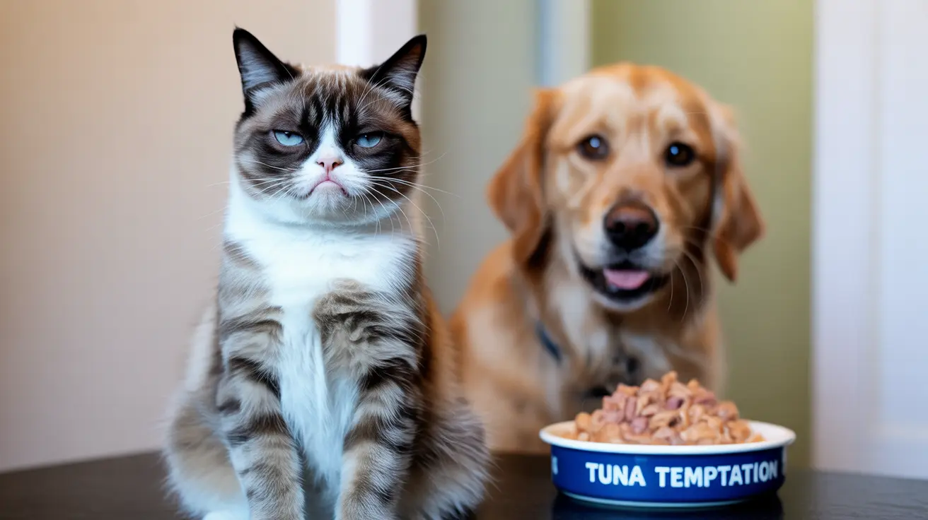 Un gato siamés y un Golden Retriever sentados juntos con un tazón de atún