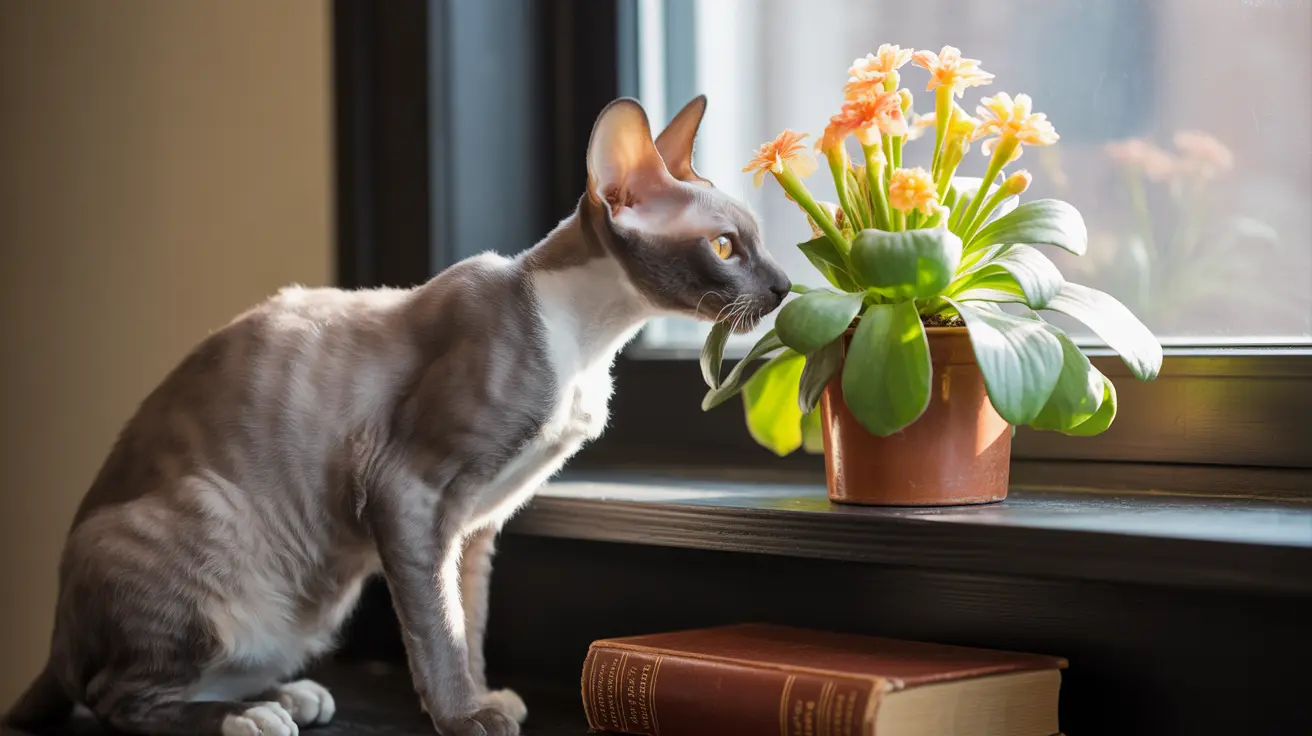 シャム猫が窓辺で鉢植えの花を興味津々に観察している様子。