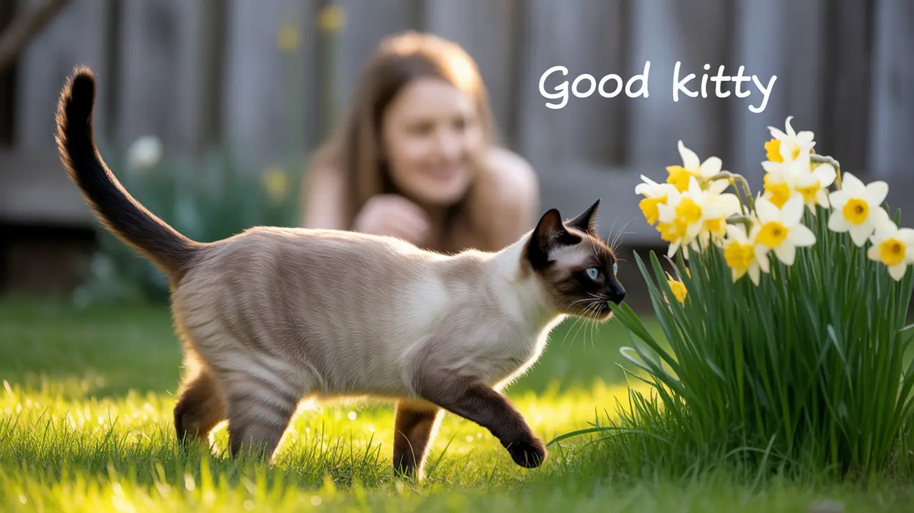 Siamese cat walking through grassy yard near yellow daffodils with blurred person in background