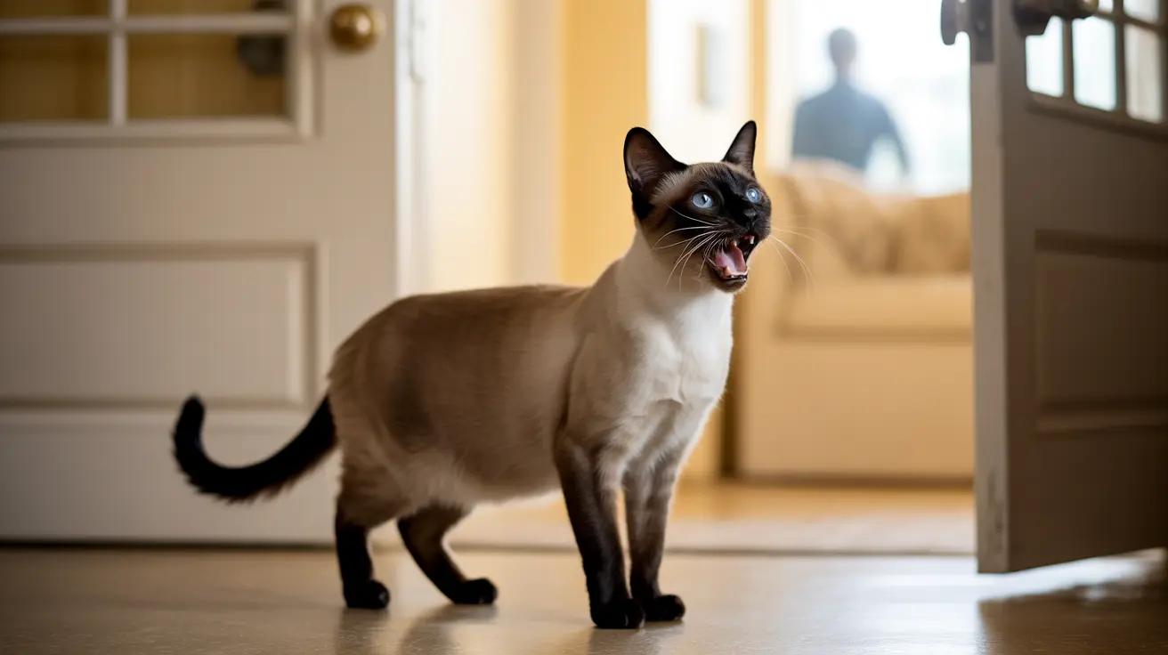 A Siamese cat standing indoors with its mouth open, meowing loudly