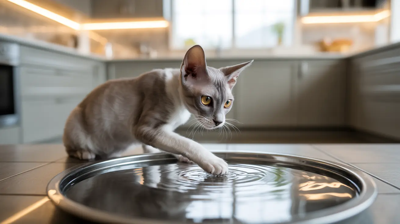 A sleek Siamese cat delicately touching the surface of water in a large metal bowl in a modern kitchen