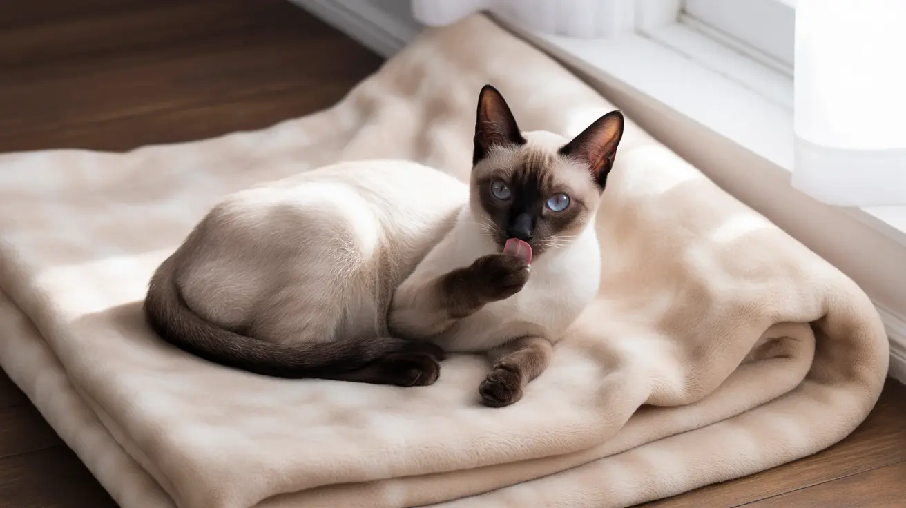 A Siamese cat with striking blue eyes sitting on a cream-colored blanket, licking its paw.