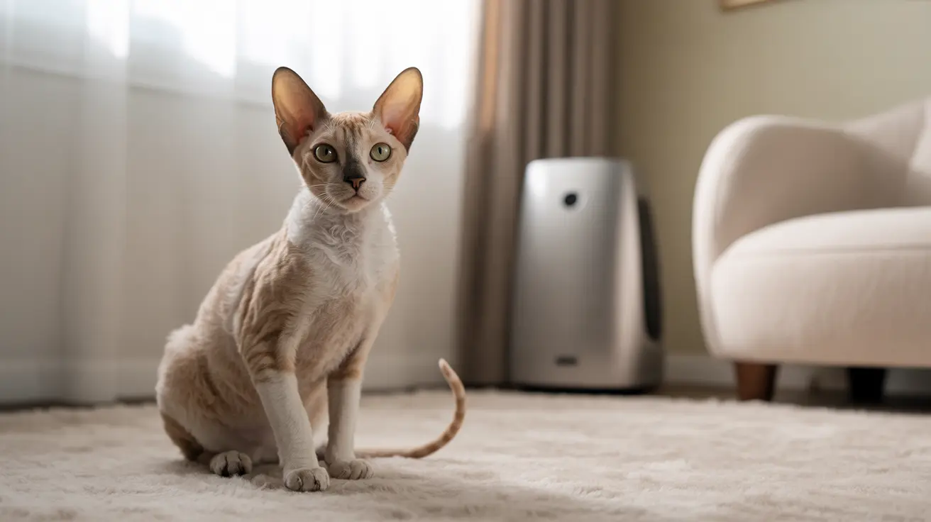 A sleek Siamese cat sitting alertly on a soft carpet in a minimalist living room