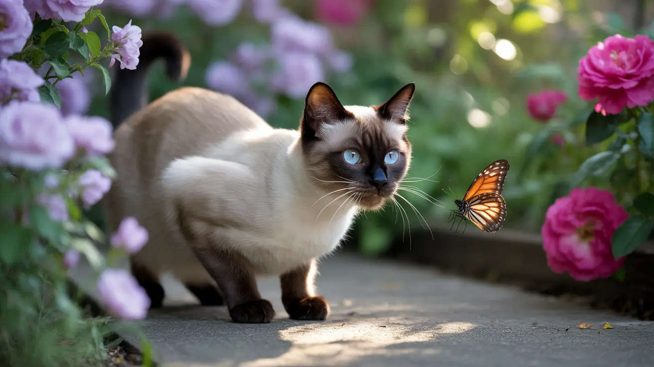 Siamese cat sitting on concrete pathway near a monarch butterfly and surrounded by pink and purple roses
