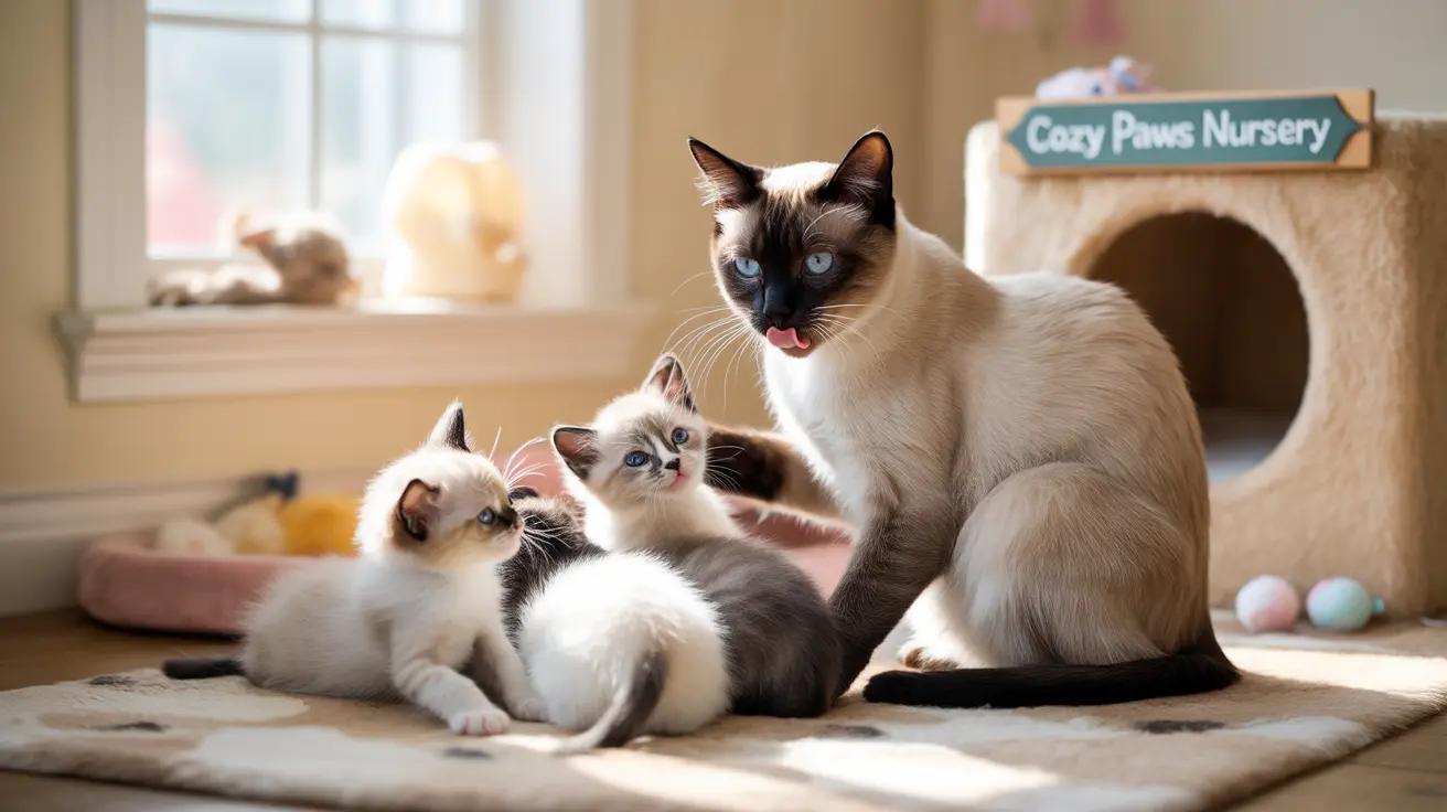 シャム猫のお母さんが2匹の子猫と一緒に居心地の良いナーサリーで過ごしている様子