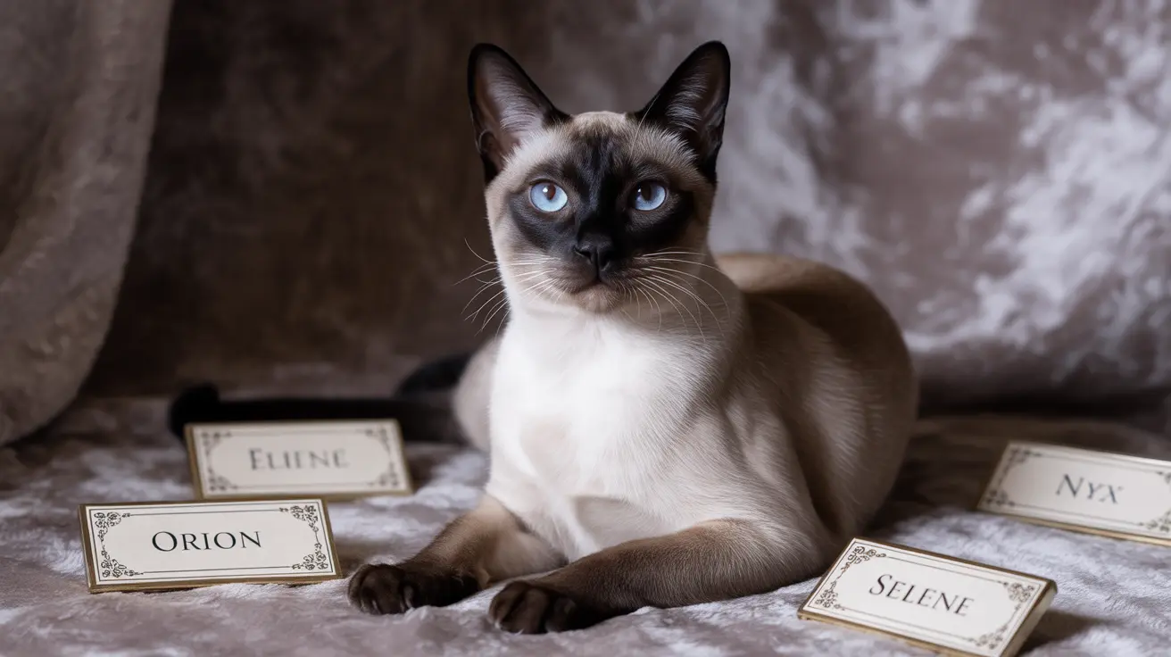 A Siamese cat with striking blue eyes sitting among name cards in an elegant, soft-toned setting