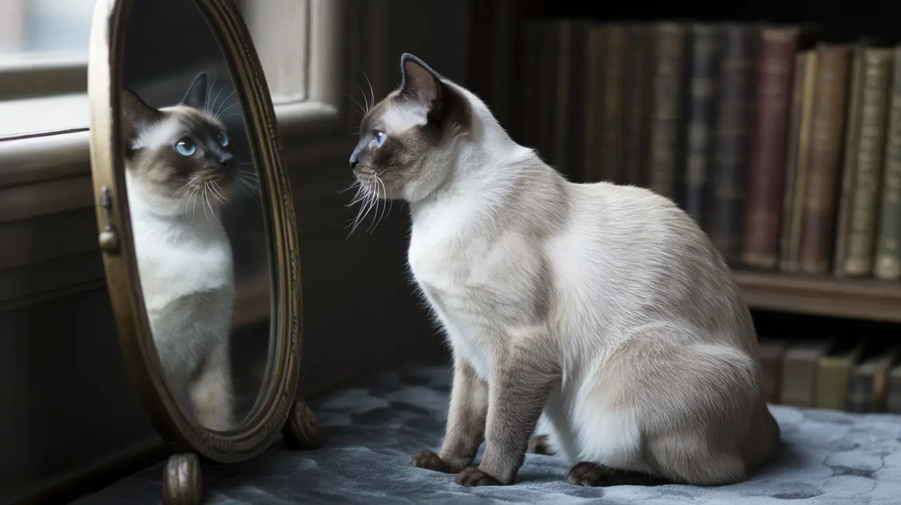 シャム猫が華やかな鏡の隣に座り、自分の姿を見つめている様子