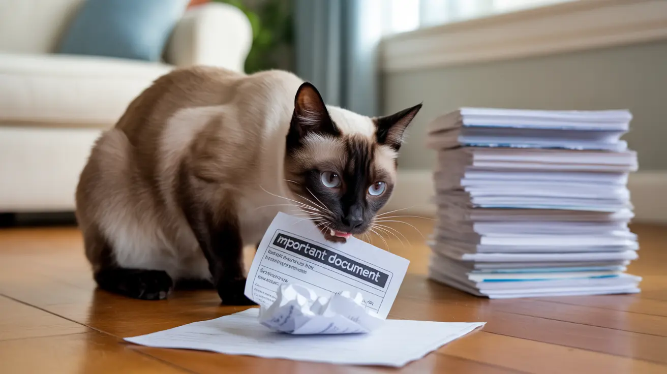 シャム猫が「重要書類」と書かれたくしゃくしゃの紙の横に座り、隣に紙の山がある様子