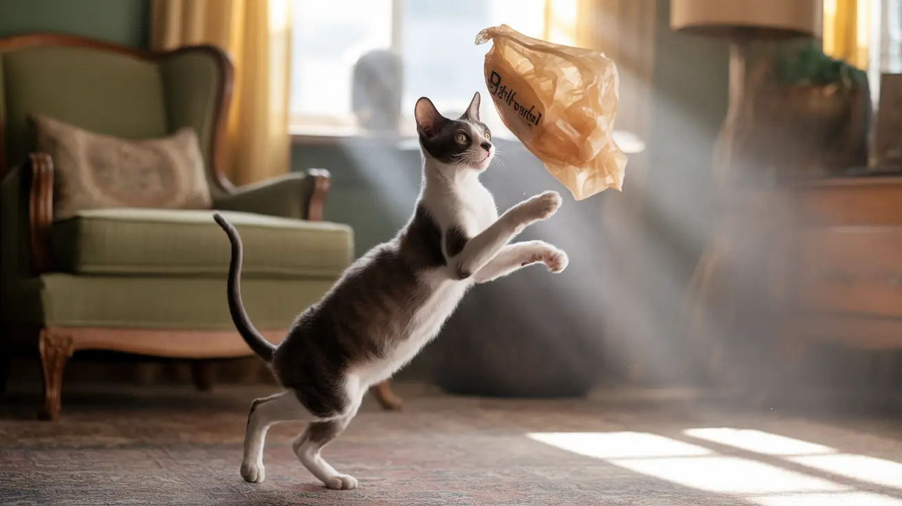 A playful Siamese cat leaping up to bat at a paper bag in a sunlit living room