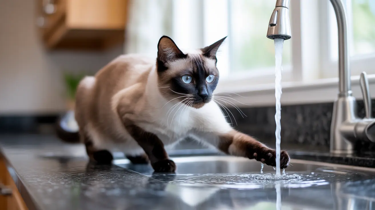 A Siamese cat playing with running water in a kitchen sink