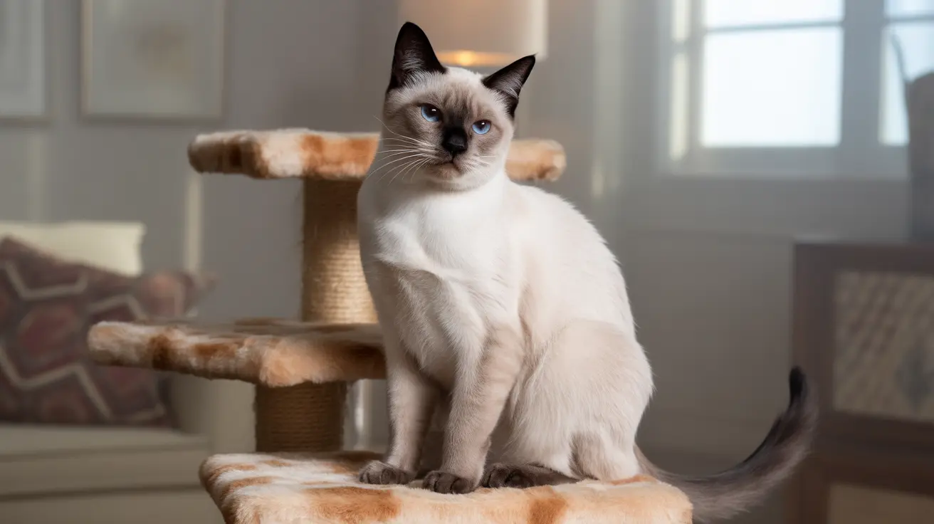 A classic Siamese cat with blue eyes and point coloration sits alertly on a cat tree in a bright, minimalist interior space