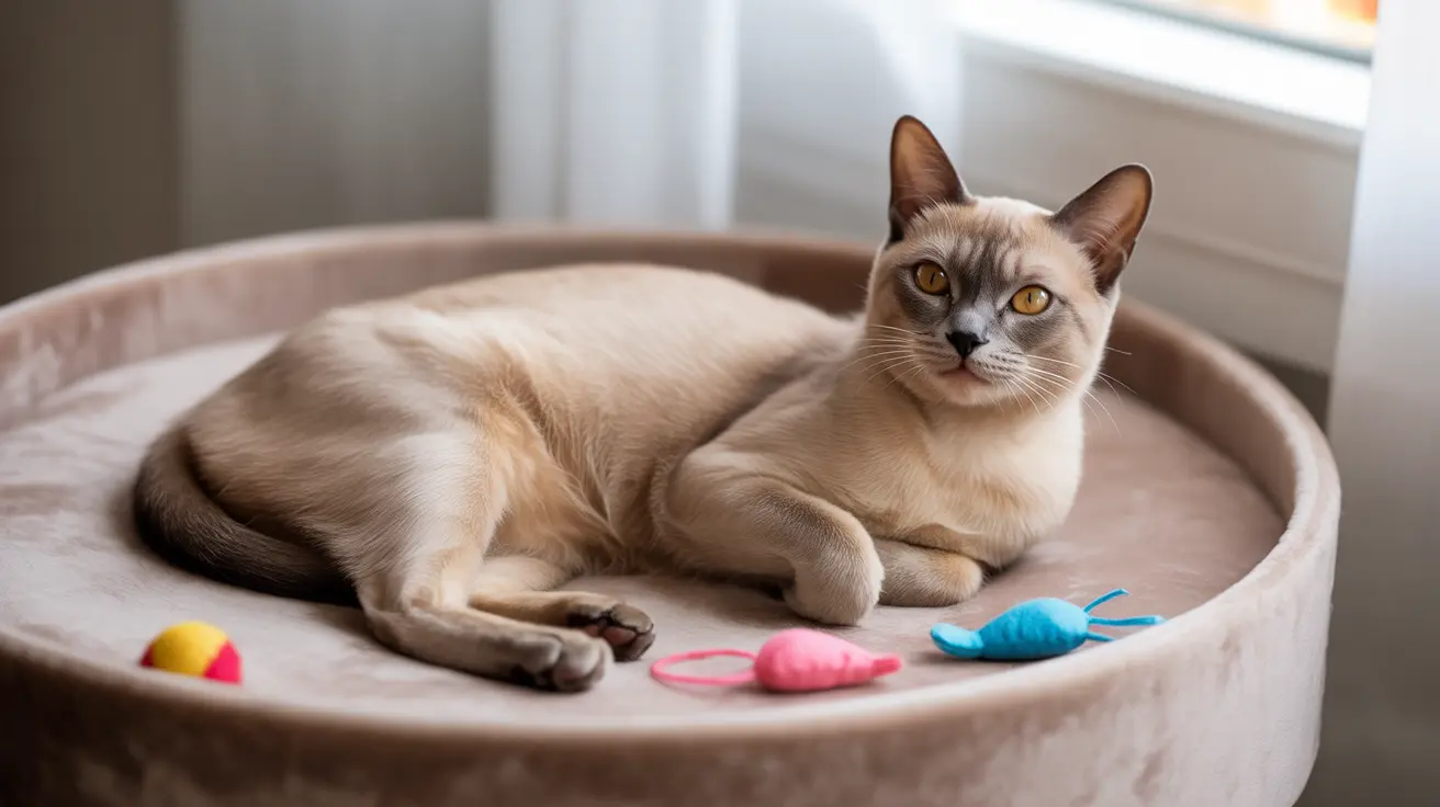 Un gato siamés de color crema y marrón claro descansa cómodamente en una cama para mascotas suave y redonda, con juguetes coloridos cerca.