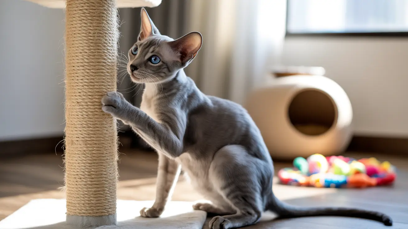 A sleek gray Siamese cat sitting next to a scratching post with colorful toys in the background