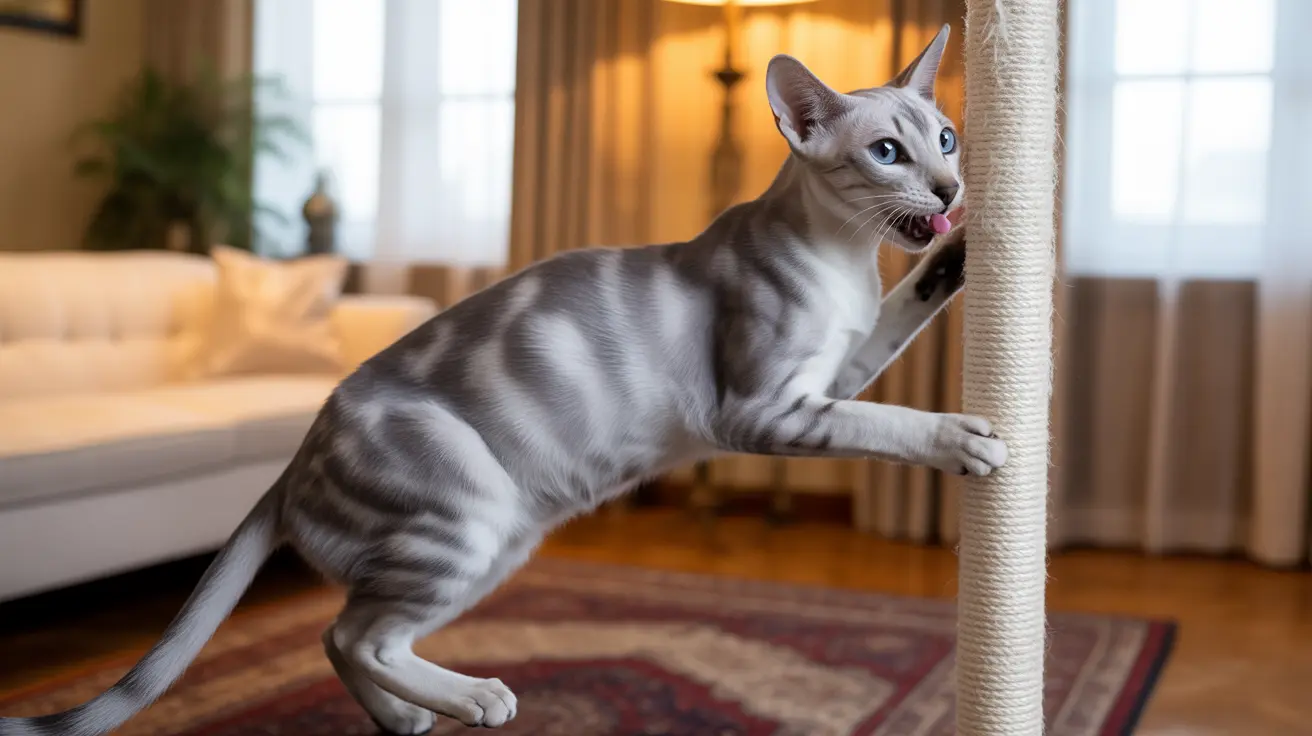 グレーと白のシャム猫が居心地の良いリビングルームで爪とぎポールに伸びをしながら爪を立てている様子。