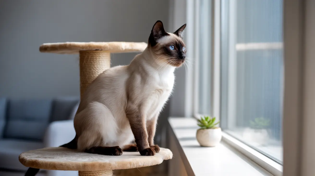 シャム猫が窓のそばのキャットタワーの上に警戒して座り、横をじっと見つめている様子